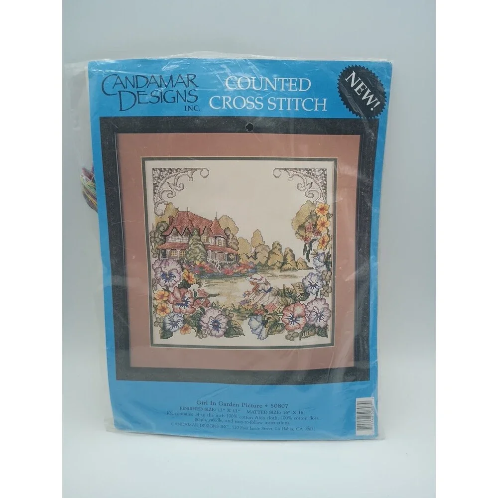 Vtg Candamar Designs Counted Cross Stitch Kit Girl In Garden